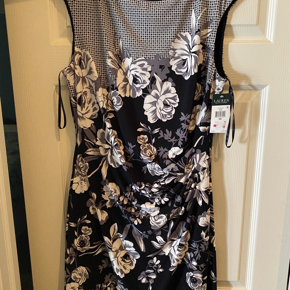 Lauren black/gray flowered boat neck gathered waist dress